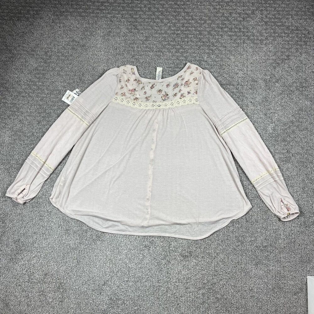 Free People Shirt Womens Large Lace Floral Boho Button Cottagecore Peasant Sheer - Picture 2 of 8